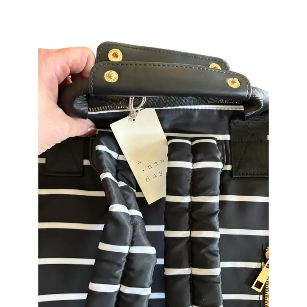 A New Day Black White Stripe Backpack Tote Laptop Bag Travel NWT Gold Zipper